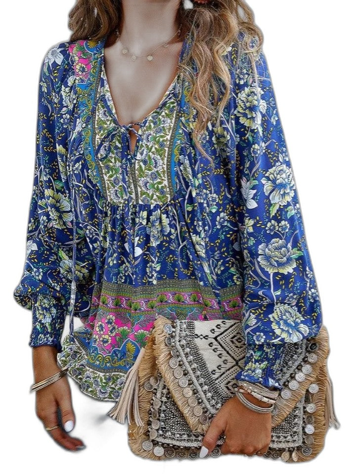 Effortless Floral Blouse for Women with V Neck Long Sleeve Flowing Casual Style
