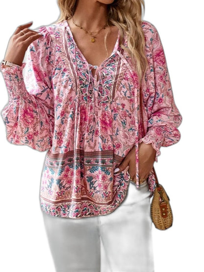 Effortless Floral Blouse for Women with V Neck Long Sleeve Flowing Casual Style