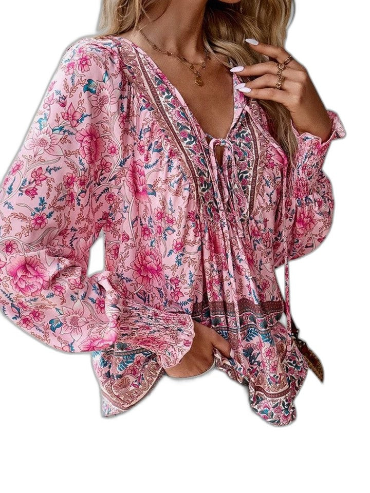Effortless Floral Blouse for Women with V Neck Long Sleeve Flowing Casual Style