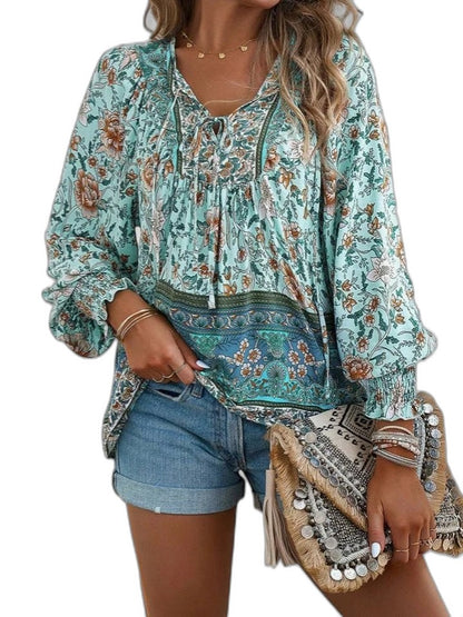 Effortless Floral Blouse for Women with V Neck Long Sleeve Flowing Casual Style