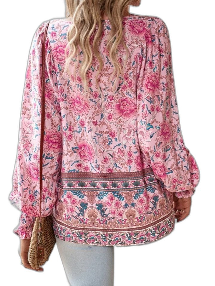 Effortless Floral Blouse for Women with V Neck Long Sleeve Flowing Casual Style