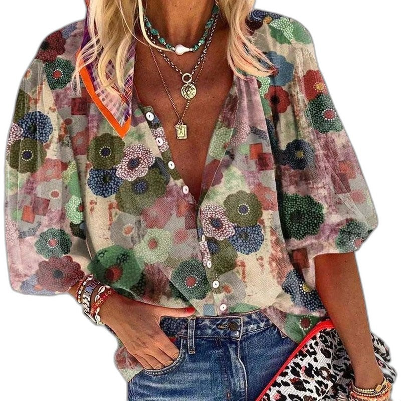 Effortless Floral Blouse for Women with V Neck Puff Sleeve Button Front Flowing Casual Style