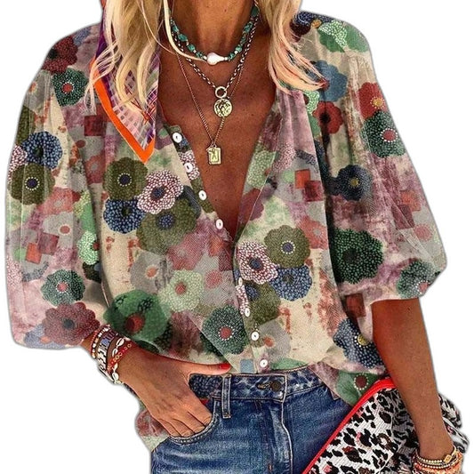 Effortless Floral Blouse for Women with V Neck Puff Sleeve Button Front Flowing Casual Style