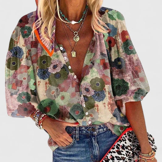 Effortless Floral Blouse for Women with V Neck Puff Sleeve Button Front Flowing Casual Style