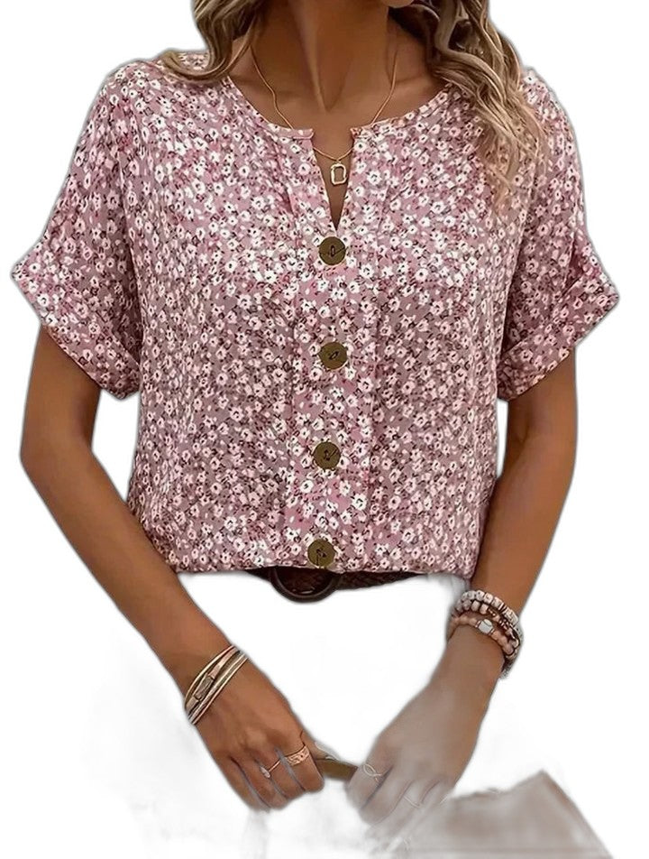 Effortless Floral Blouse for Women with V Neck Short Sleeve Button Front Casual Style