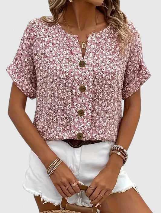 Effortless Floral Blouse for Women with V Neck Short Sleeve Button Front Casual Style