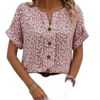 Effortless Floral Blouse for Women with V Neck Short Sleeve Button Front Casual Style