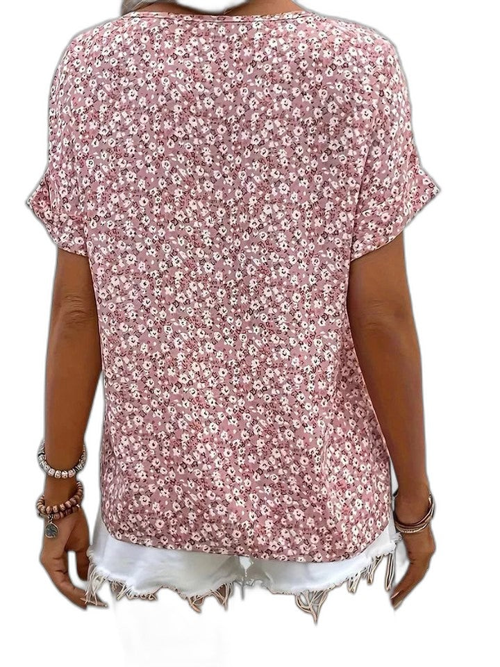 Effortless Floral Blouse for Women with V Neck Short Sleeve Button Front Casual Style