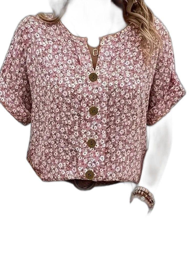 Effortless Floral Blouse for Women with V Neck Short Sleeve Button Front Casual Style