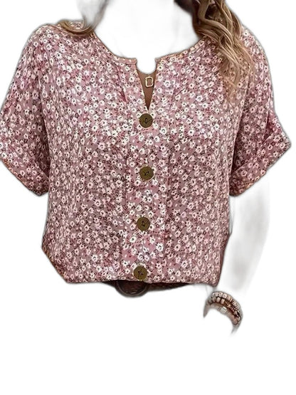 Effortless Floral Blouse for Women with V Neck Short Sleeve Button Front Casual Style