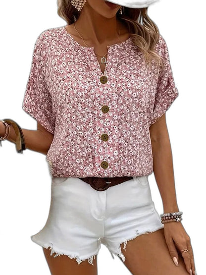 Effortless Floral Blouse for Women with V Neck Short Sleeve Button Front Flowing Casual Style