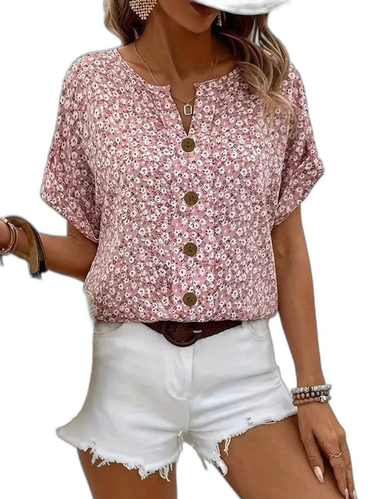 Effortless Floral Blouse for Women with V Neck Short Sleeve Button Front Flowing Casual Style