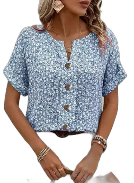 Effortless Floral Blouse for Women with V Neck Short Sleeve Button Front Flowing Casual Style