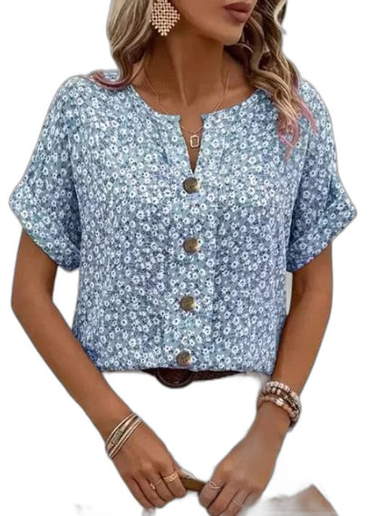 Effortless Floral Blouse for Women with V Neck Short Sleeve Button Front Flowing Casual Style