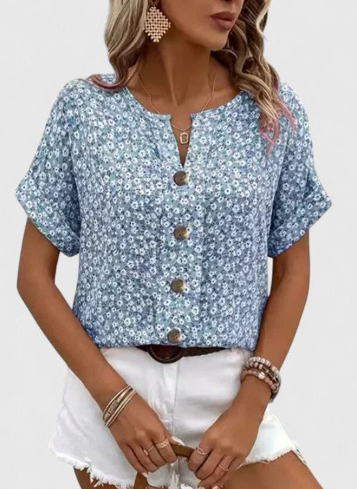 Effortless Floral Blouse for Women with V Neck Short Sleeve Button Front Flowing Casual Style