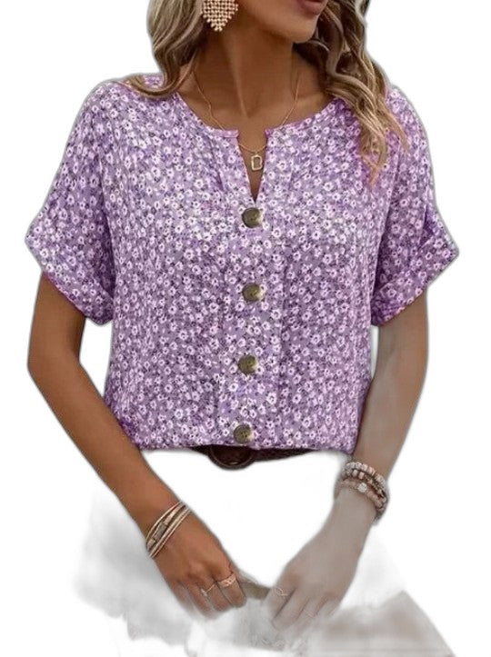 Effortless Floral Blouse for Women with V Neck Short Sleeve Button Front Flowing Casual Style
