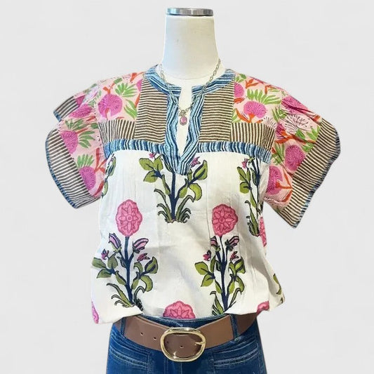 Effortless Floral Blouse for Women with V Neck Short Sleeve Casual Style