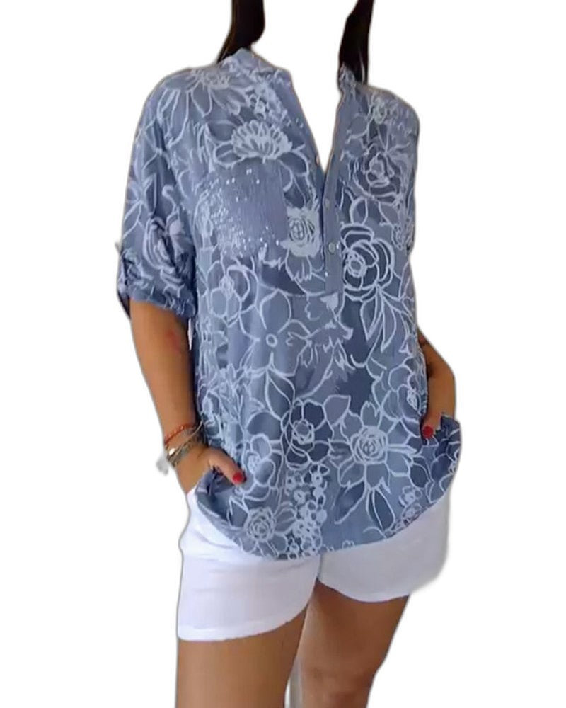 Effortless Floral Blouse for Women with V Neck Short Sleeve Flowing Pockets Casual Style