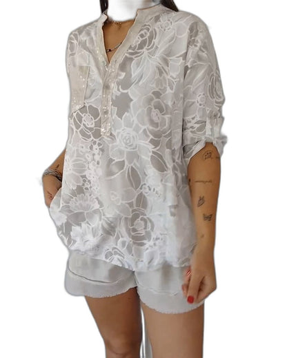 Effortless Floral Blouse for Women with V Neck Short Sleeve Flowing Pockets Casual Style