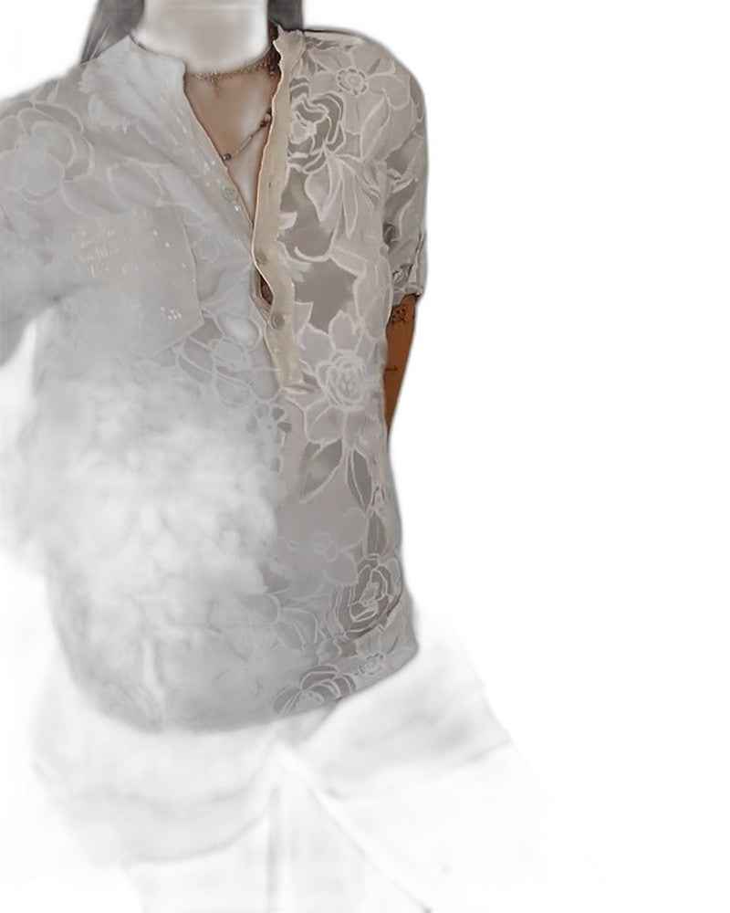 Effortless Floral Blouse for Women with V Neck Short Sleeve Flowing Pockets Casual Style