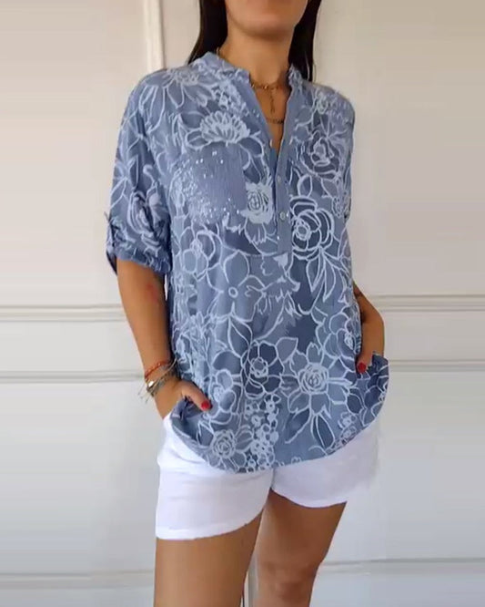Effortless Floral Blouse for Women with V Neck Short Sleeve Flowing Pockets Casual Style