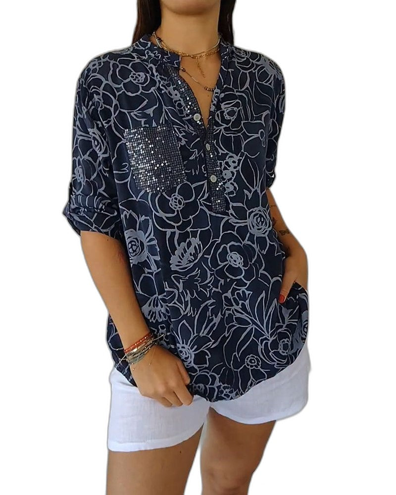 Effortless Floral Blouse for Women with V Neck Short Sleeve Flowing Pockets Casual Style