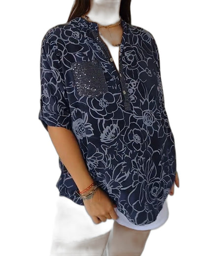 Effortless Floral Blouse for Women with V Neck Short Sleeve Flowing Pockets Casual Style