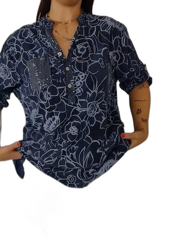 Effortless Floral Blouse for Women with V Neck Short Sleeve Flowing Pockets Casual Style