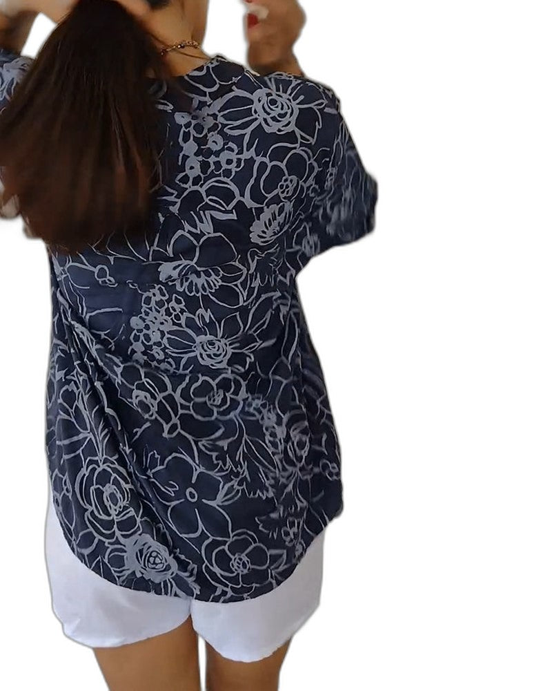 Effortless Floral Blouse for Women with V Neck Short Sleeve Flowing Pockets Casual Style