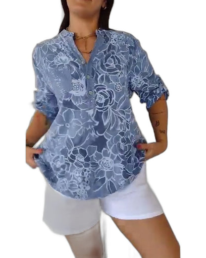 Effortless Floral Blouse for Women with V Neck Short Sleeve Flowing Pockets Casual Style
