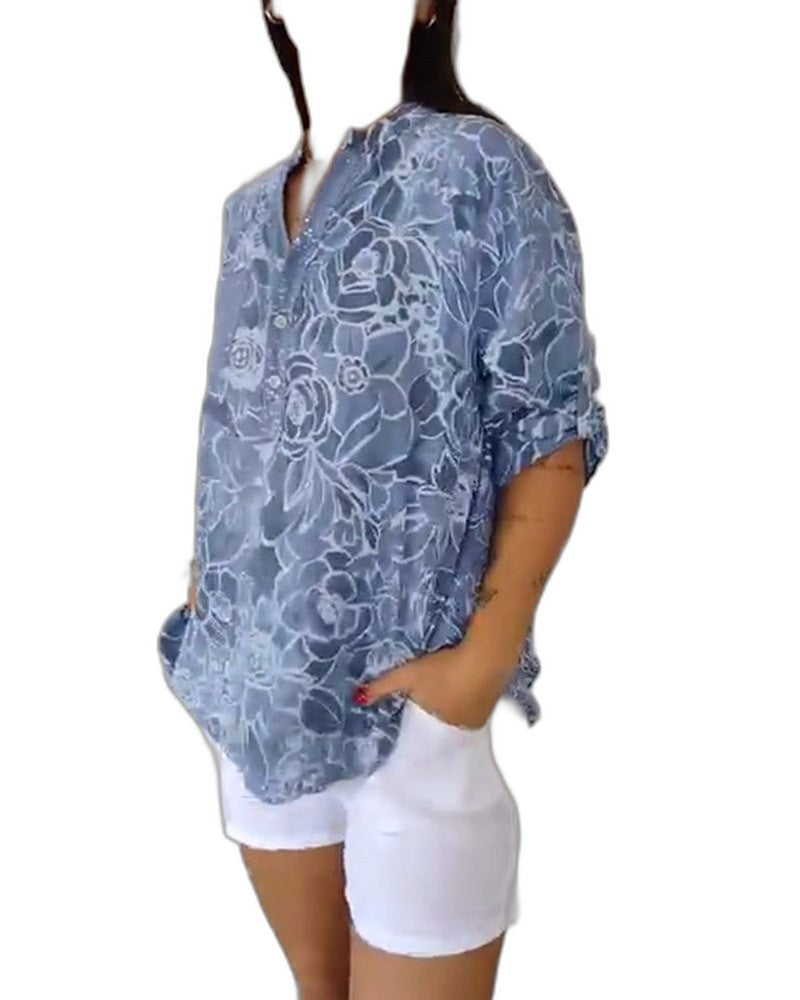 Effortless Floral Blouse for Women with V Neck Short Sleeve Flowing Pockets Casual Style