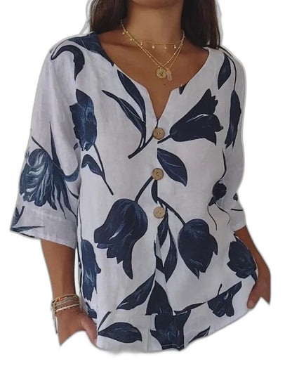 Effortless Floral Blouse for Women with V Neck Short Sleeve Oversized Casual Style