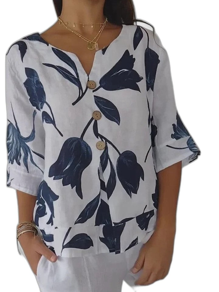 Effortless Floral Blouse for Women with V Neck Short Sleeve Oversized Casual Style