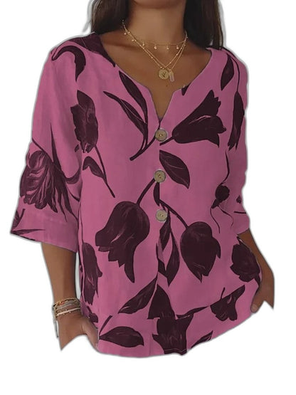 Effortless Floral Blouse for Women with V Neck Short Sleeve Oversized Casual Style