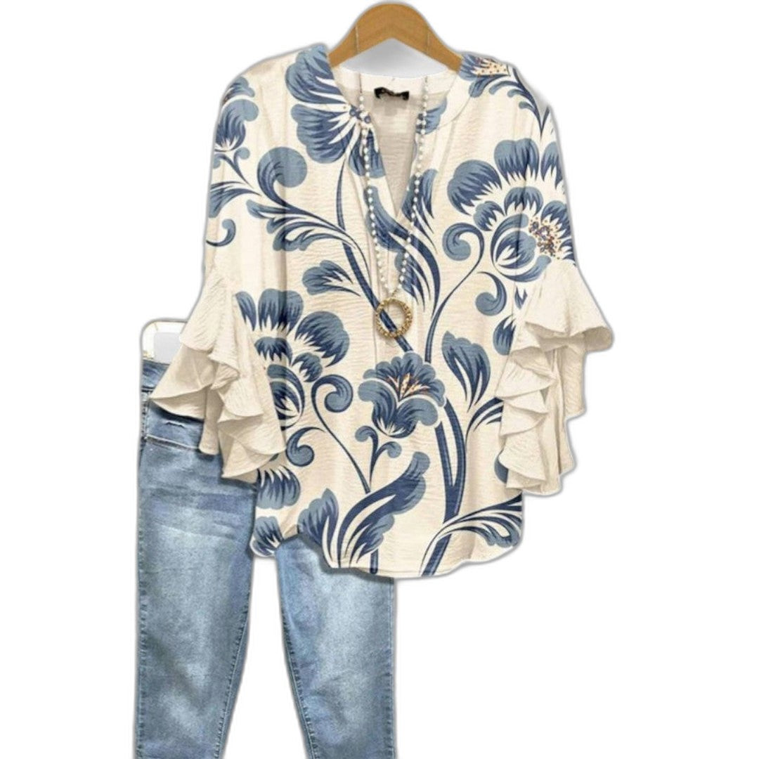 Effortless Floral Blouse for Women with V Neck Short Sleeve Ruffle Casual Style