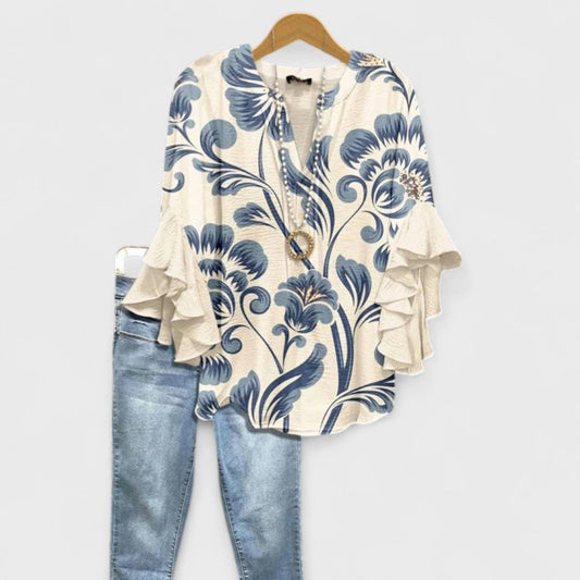 Effortless Floral Blouse for Women with V Neck Short Sleeve Ruffle Casual Style