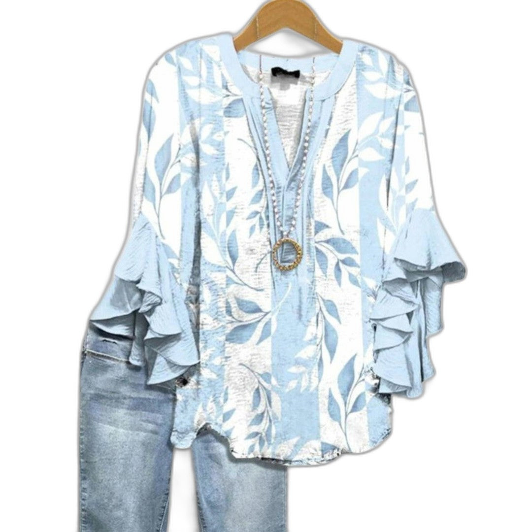 Effortless Floral Blouse for Women with V Neck Short Sleeve Ruffle Casual Style
