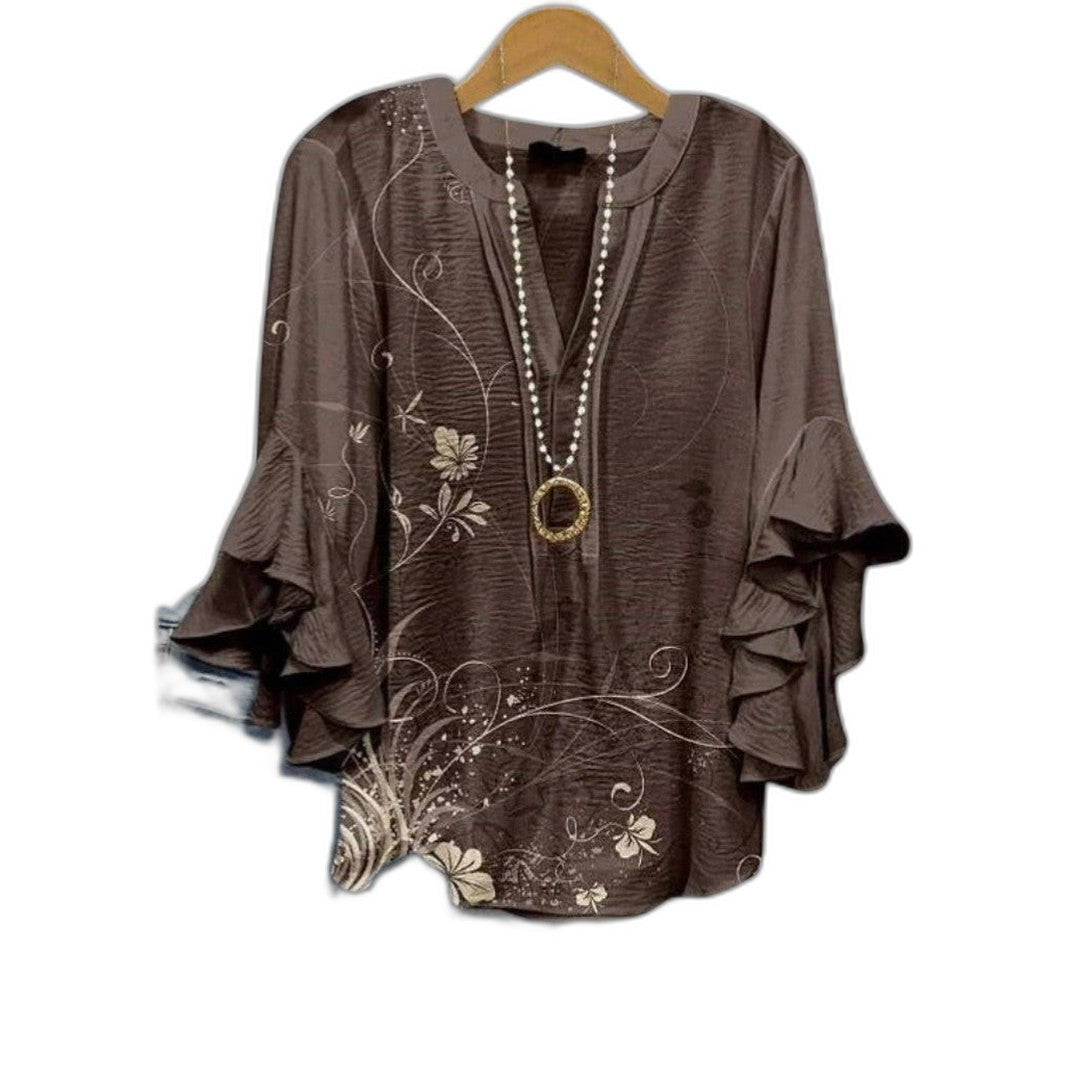 Effortless Floral Blouse for Women with V Neck Short Sleeve Ruffle Casual Style
