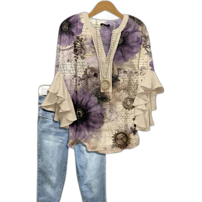 Effortless Floral Blouse for Women with V Neck Short Sleeve Ruffle Casual Style