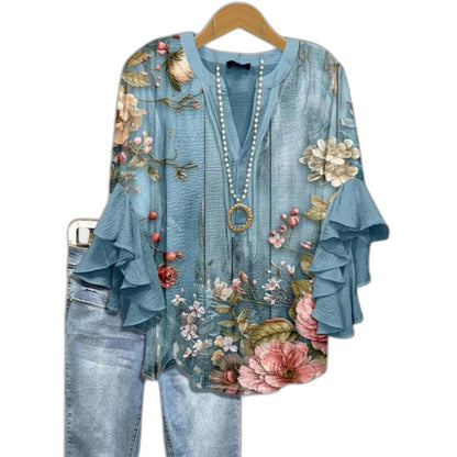 Effortless Floral Blouse for Women with V Neck Short Sleeve Ruffle Casual Style