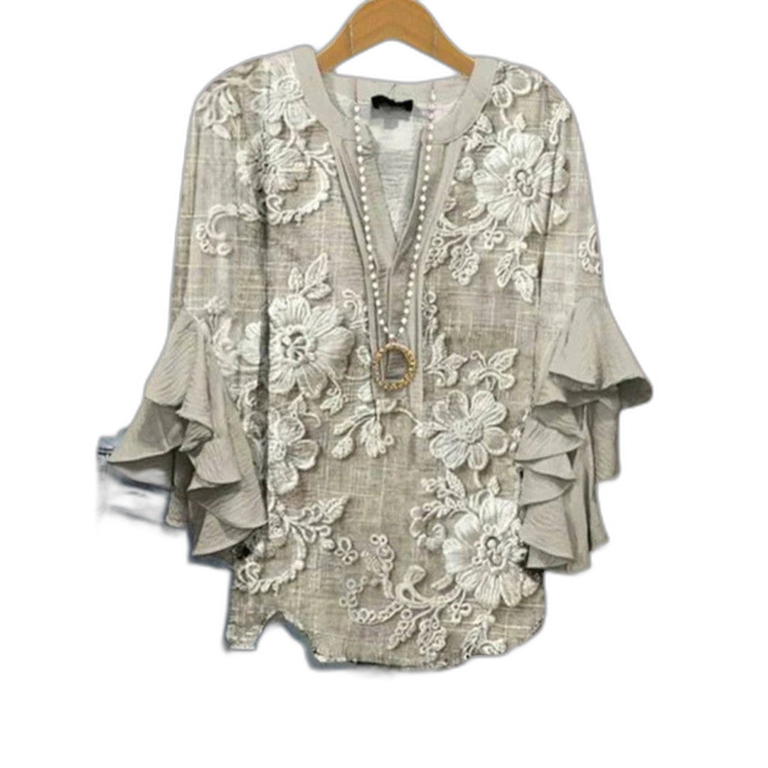 Effortless Floral Blouse for Women with V Neck Short Sleeve Ruffle Casual Style