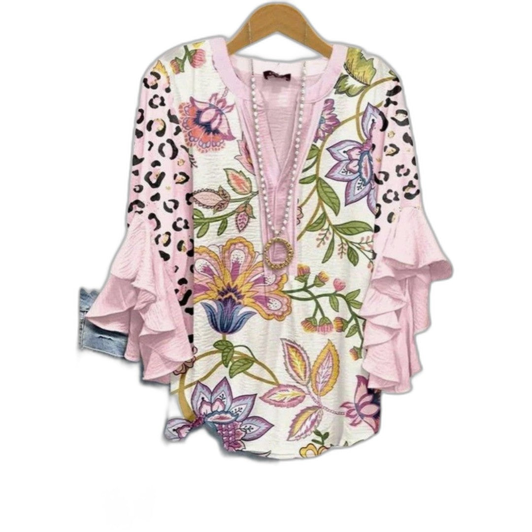 Effortless Floral Blouse for Women with V Neck Short Sleeve Ruffle Casual Style
