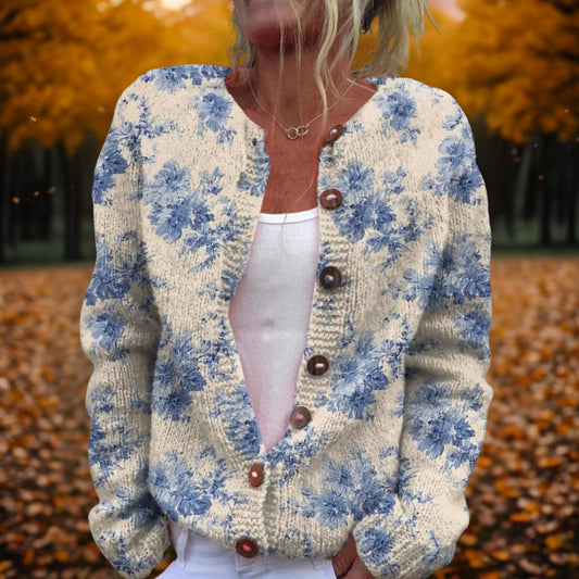 Effortless Floral Cardigan Sweater for Women with Crew Neck Long Sleeve Button Front Casual Style