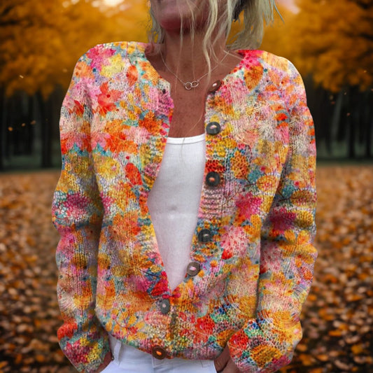 Effortless Floral Cardigan Sweater for Women with Knit Crew Neck Long Sleeve Button Front Casual Style