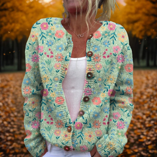 Effortless Floral Cardigan Sweater for Women with Knit Crew Neck Long Sleeve Button Front Casual Style