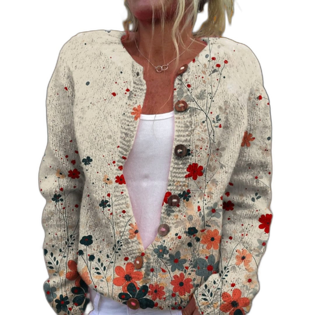 Effortless Floral Cardigan Sweater for Women with Knit Crew Neck Long Sleeve Button Front Casual Style