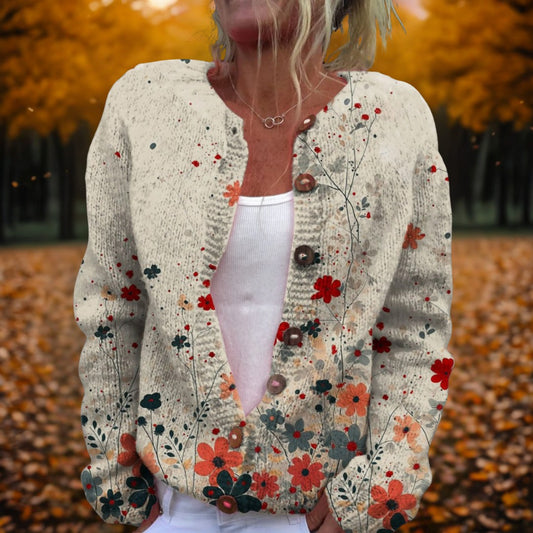 Effortless Floral Cardigan Sweater for Women with Knit Crew Neck Long Sleeve Button Front Casual Style