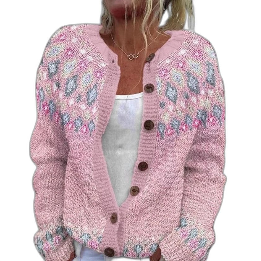 Effortless Floral Cardigan Sweater for Women with Knit Crew Neck Long Sleeve Button Front Casual Style