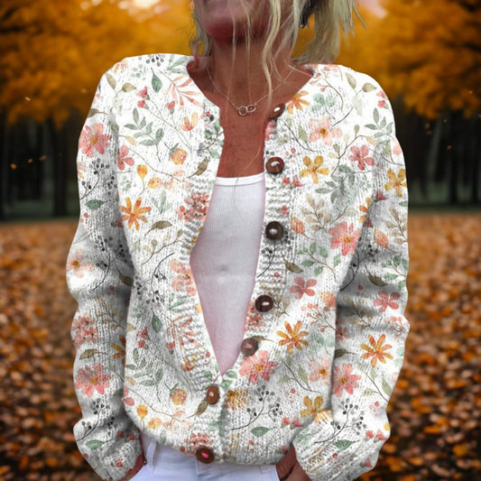 Effortless Floral Cardigan Sweater for Women with Knit V Neck Long Sleeve Button Front Casual Style