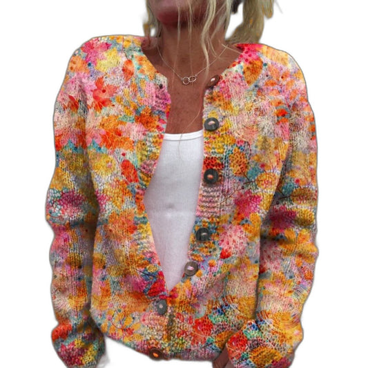 Effortless Floral Cardigan Sweater for Women with V Neck Long Sleeve Button Front Casual Style